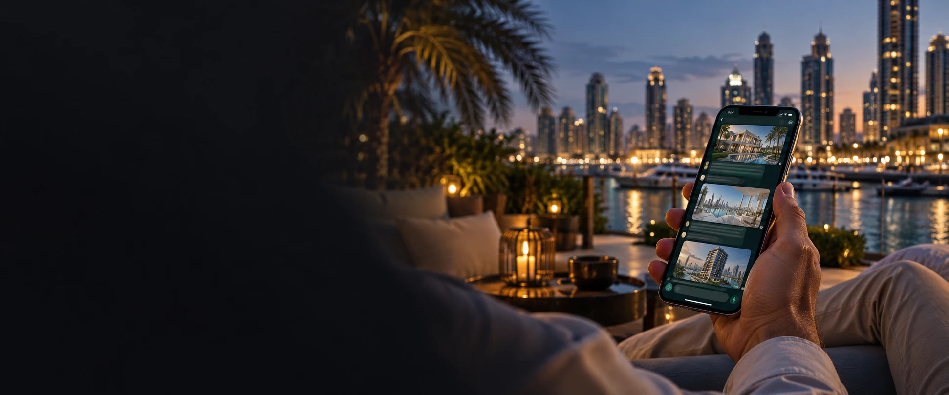 Property opportunities arriving on WhatsApp, read on a terrace overlooking Dubai Marina