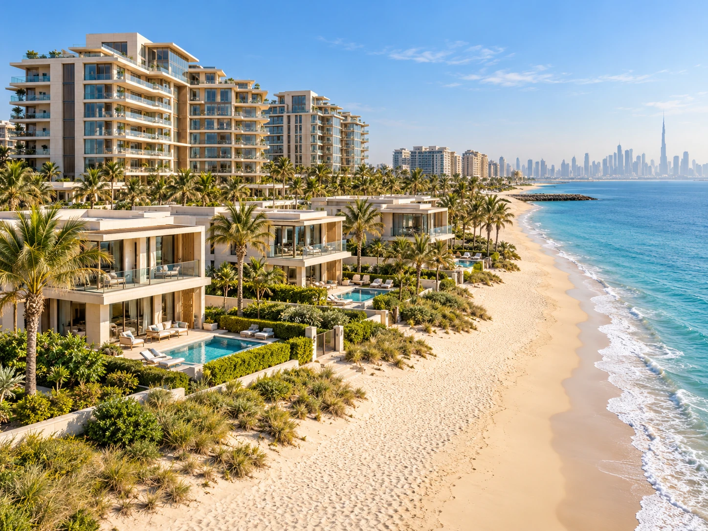 Beachfront villas and apartments with sea views towards the Dubai skyline