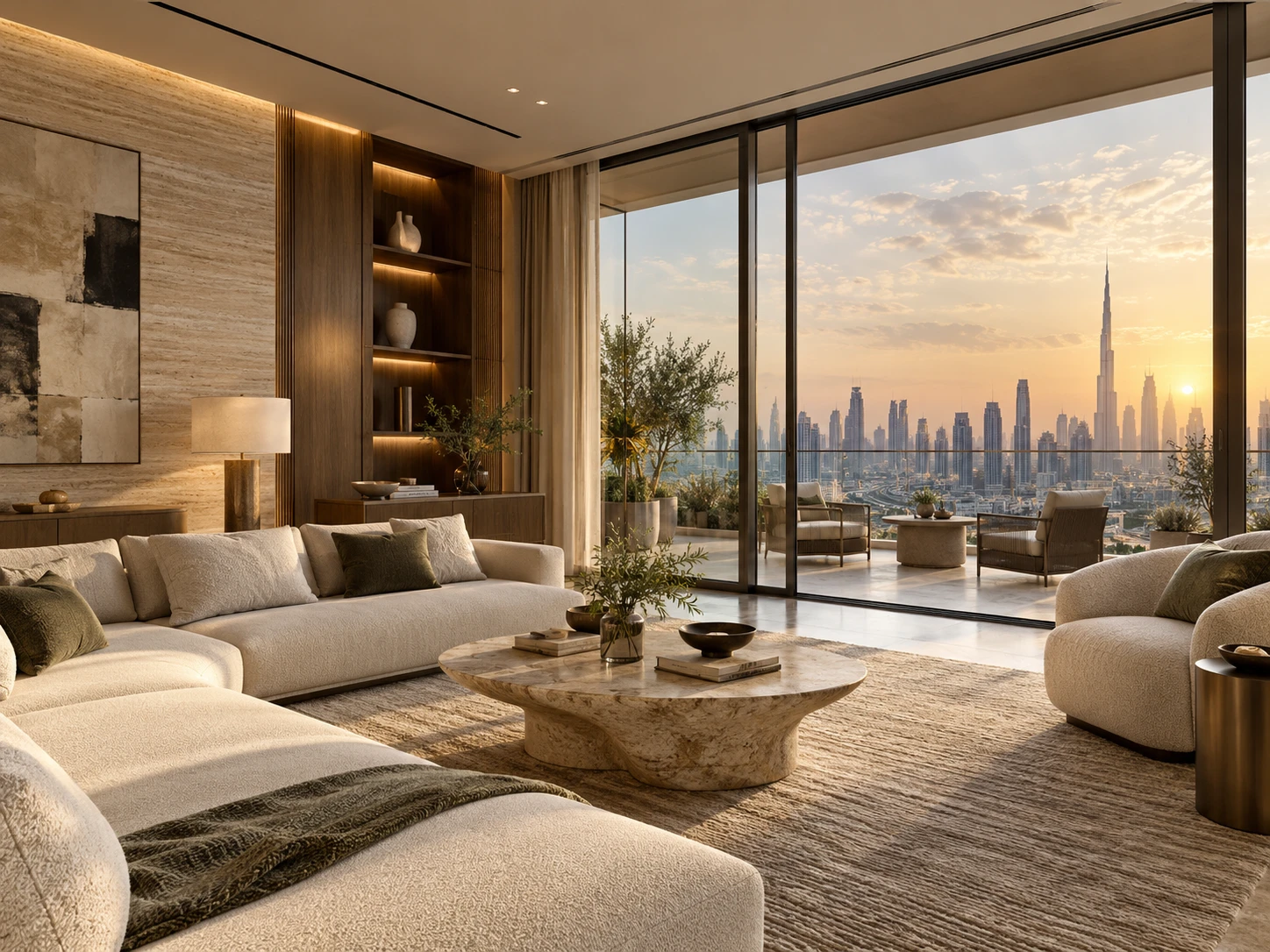Branded residence living room opening onto a terrace with views of the Dubai skyline