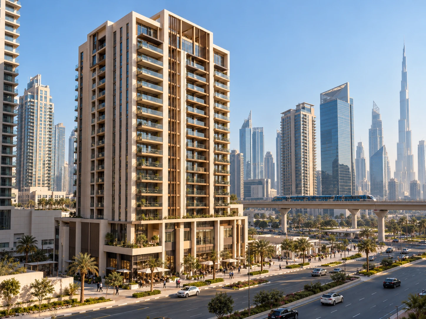 City apartment tower beside the Metro with the Downtown Dubai skyline behind