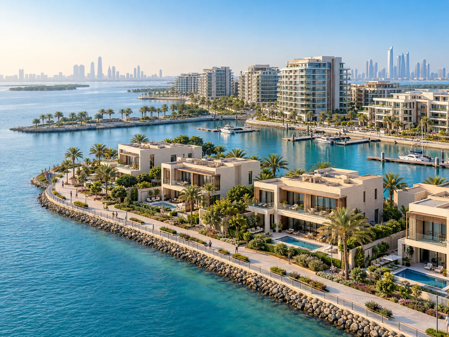 Waterfront villas and apartments around a marina on an island community